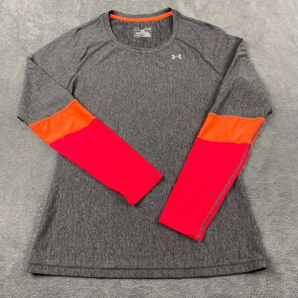 Under Armour Women Small Long Sleeve Gray Neon Colorblock HeatGear Top